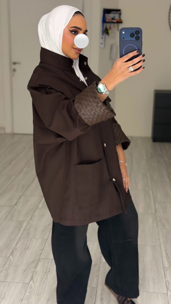 ⁦Brown jacket- hand made leather sleeve⁩ - الصورة ⁦3⁩