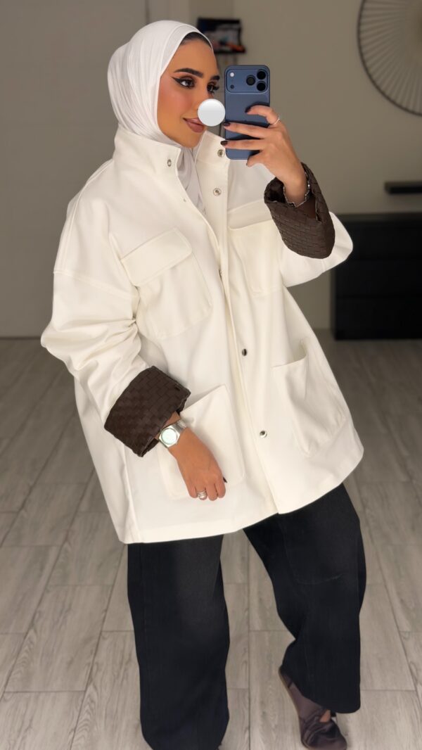 ⁦White jacket- hand made leather sleeve⁩ - الصورة ⁦2⁩