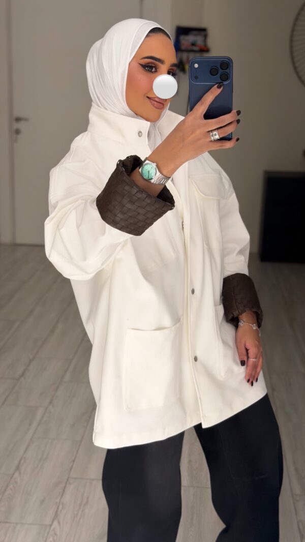 ⁦White jacket- hand made leather sleeve⁩ - الصورة ⁦3⁩