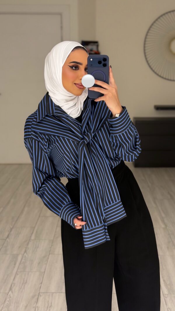 ⁦Double sleeve basic Shirt blueXblack⁩ - الصورة ⁦3⁩