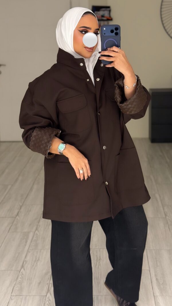 ⁦Brown jacket- hand made leather sleeve⁩ - الصورة ⁦2⁩