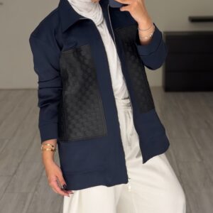 Navy jacket-Black leather pockets hand made