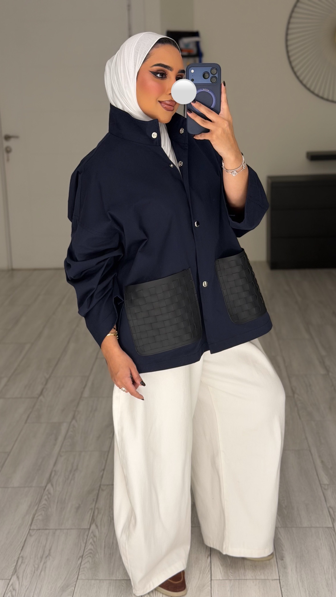 Navy jacket - black leather pockets