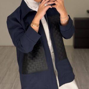 Alternative view of Navy jacket-Black leather pockets hand made