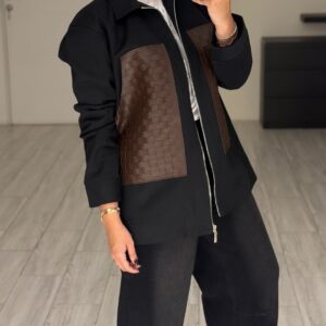 Black jacket -  brown leather pockets hand made