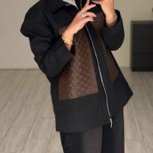 Alternative view of Black jacket -  brown leather pockets hand made