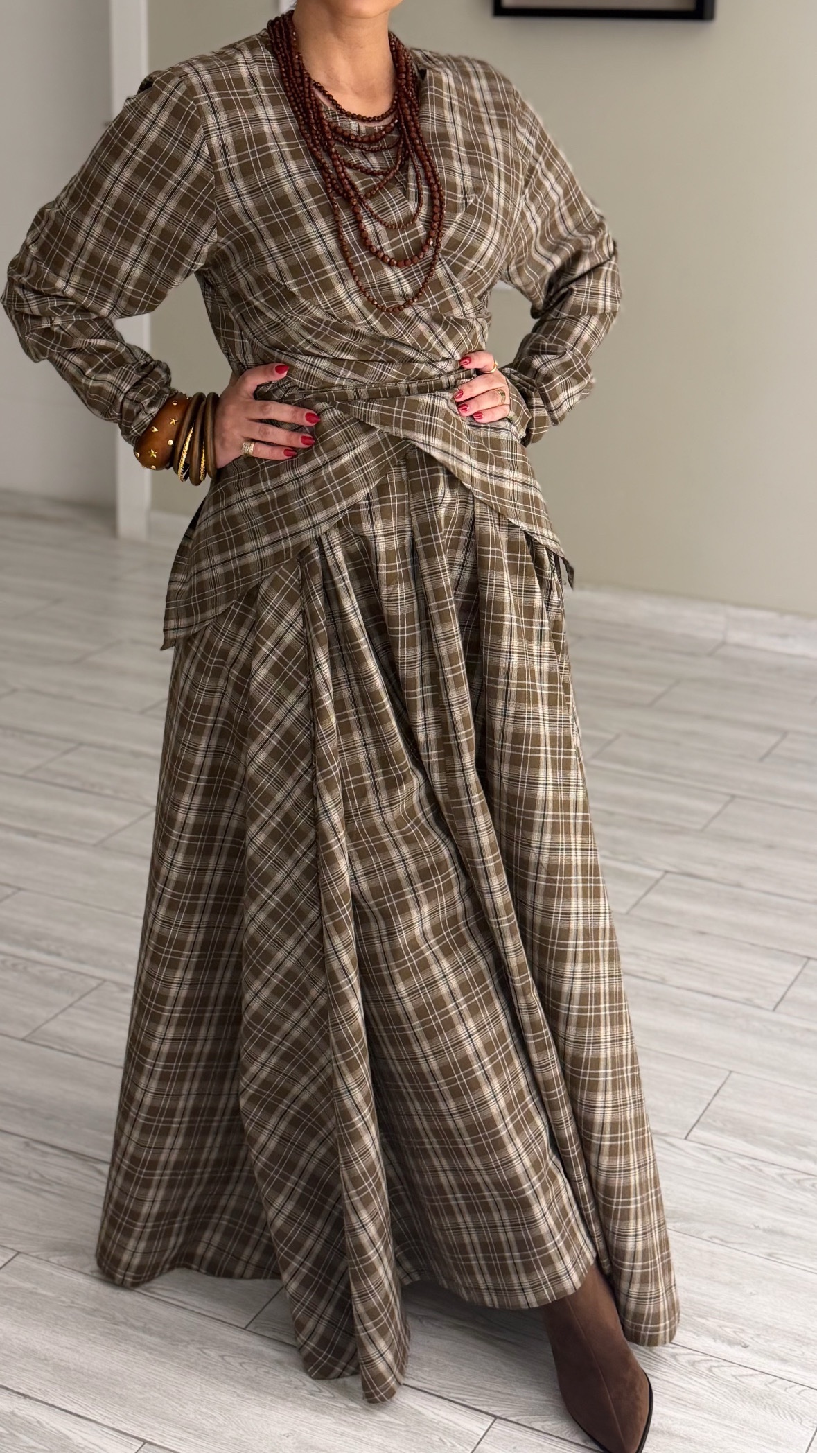 Wrapping Kaftan - Checked Beige - الصورة 3