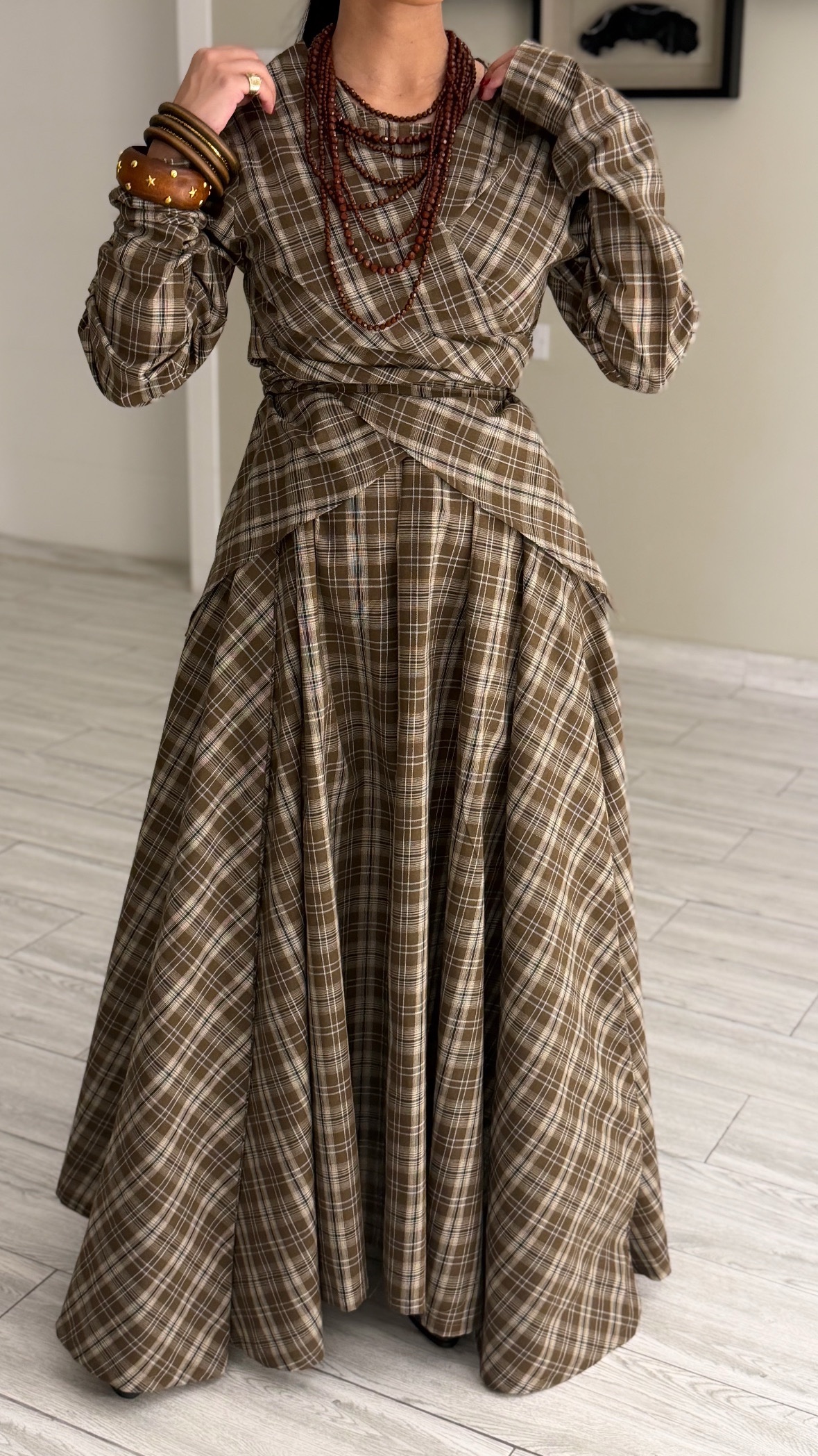 Wrapping Kaftan - Checked Beige