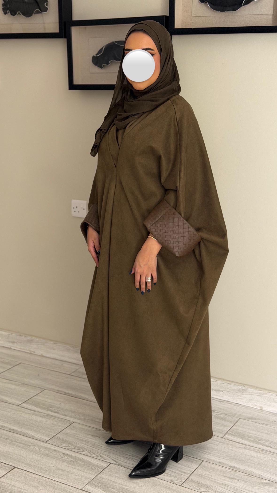 دراعه فري سايز جلد عالايد-زيتي على بني - الصورة 5