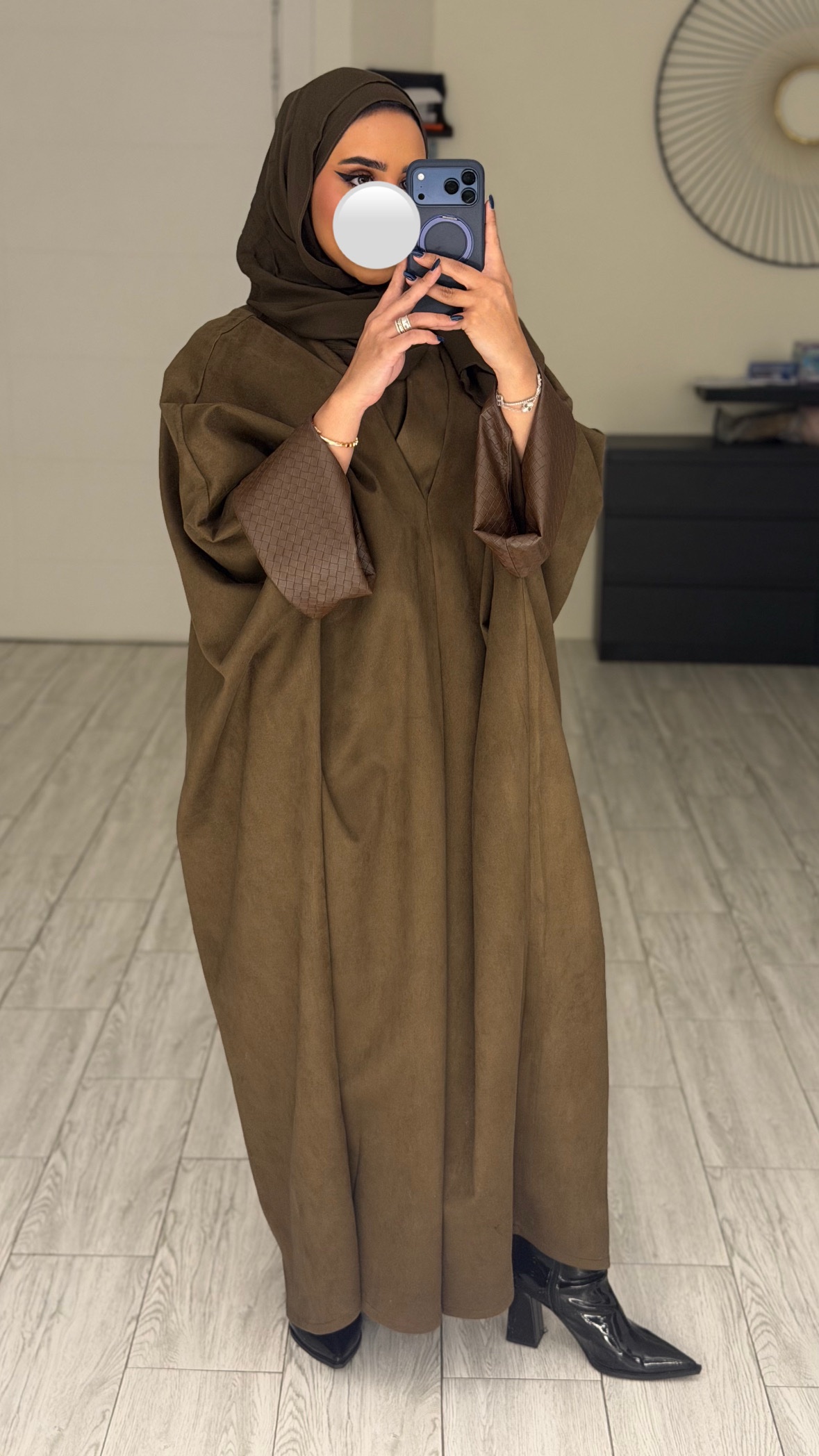 دراعه فري سايز جلد عالايد-زيتي على بني - الصورة 2