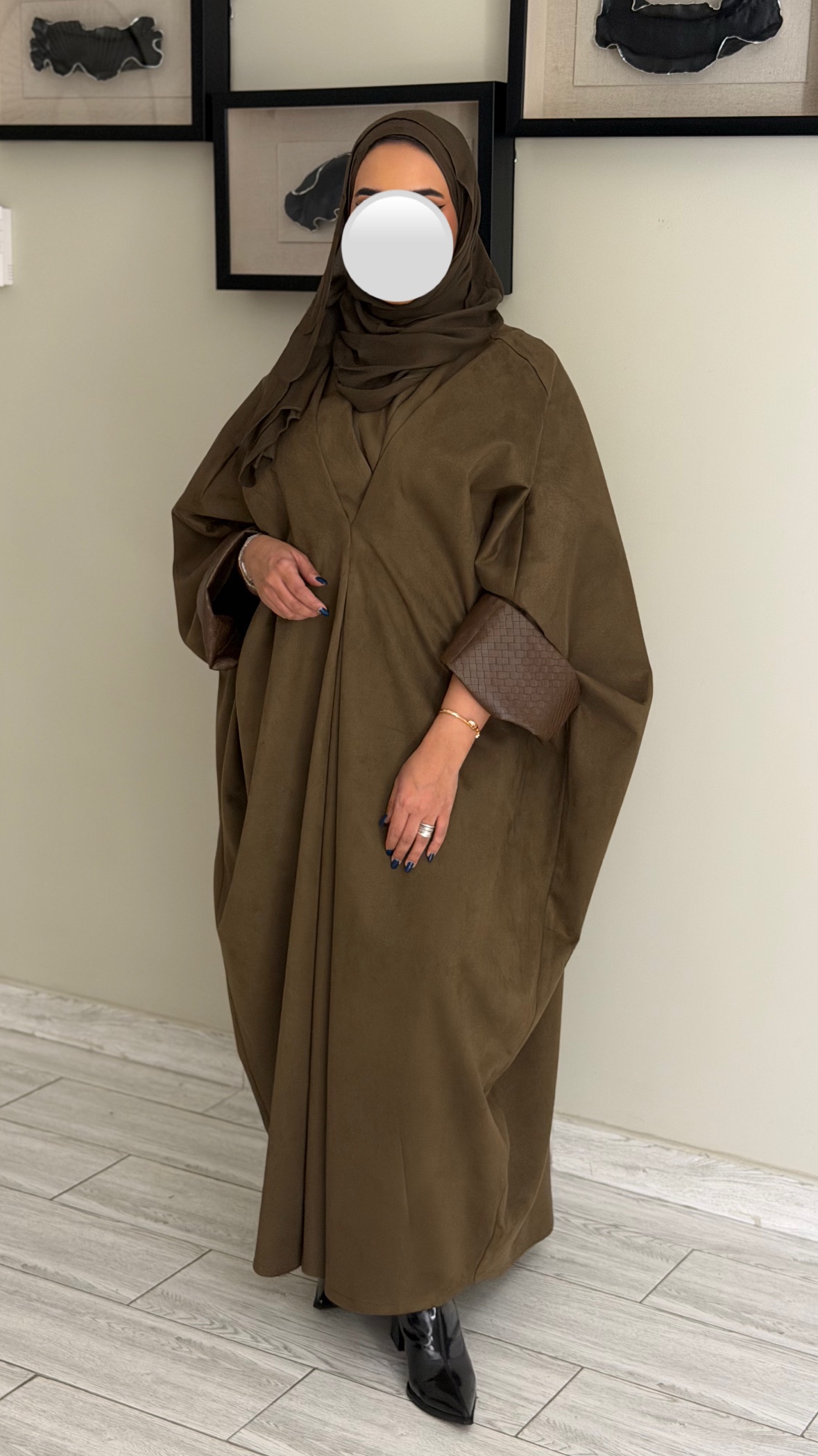 دراعه فري سايز جلد عالايد-زيتي على بني - الصورة 3