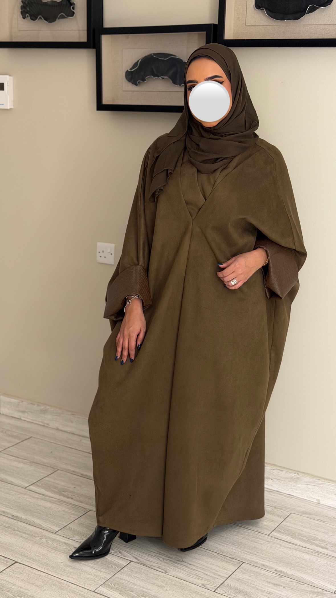 دراعه فري سايز جلد عالايد-زيتي على بني - الصورة 6