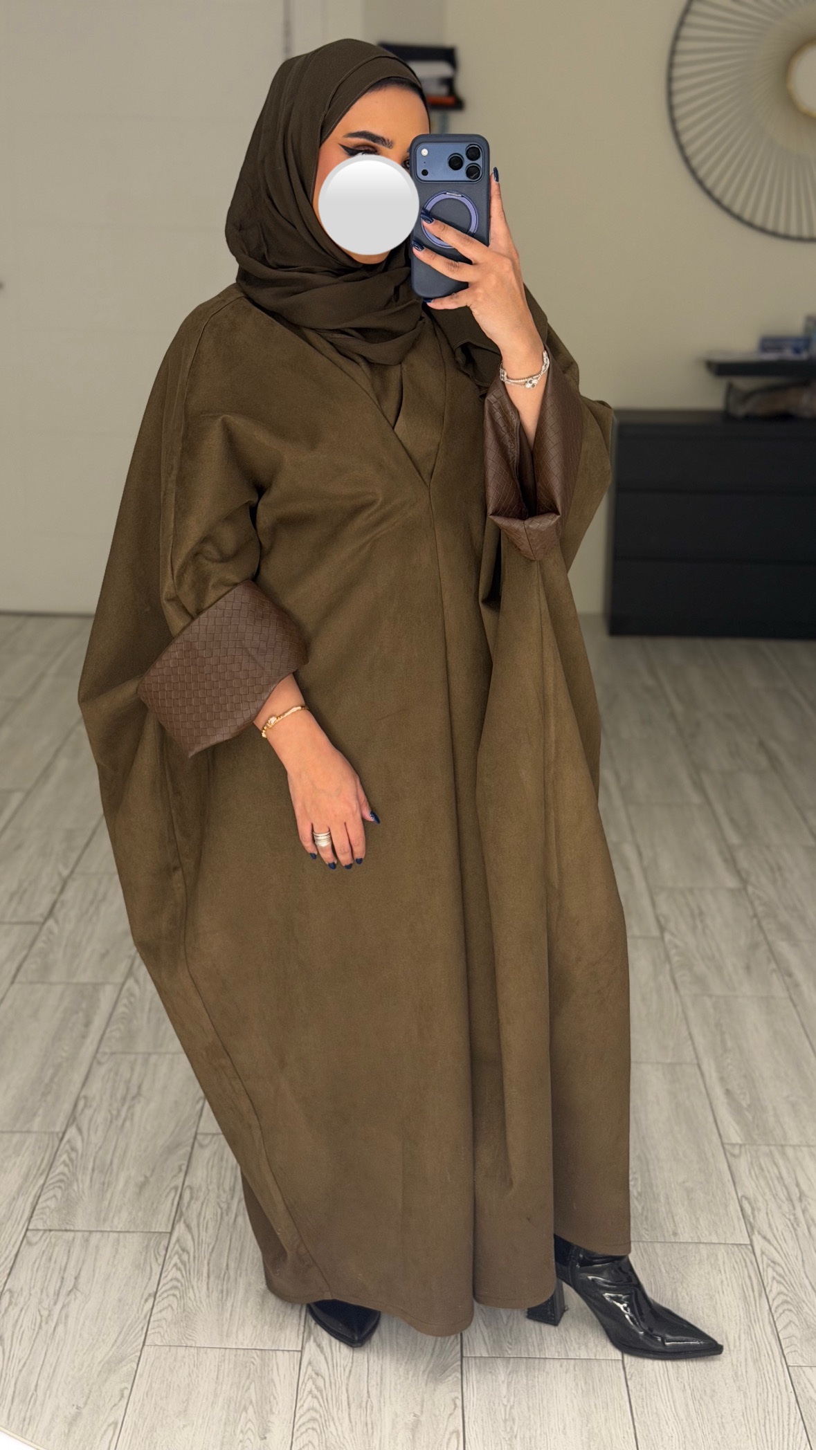 دراعه فري سايز جلد عالايد-زيتي على بني - الصورة 9