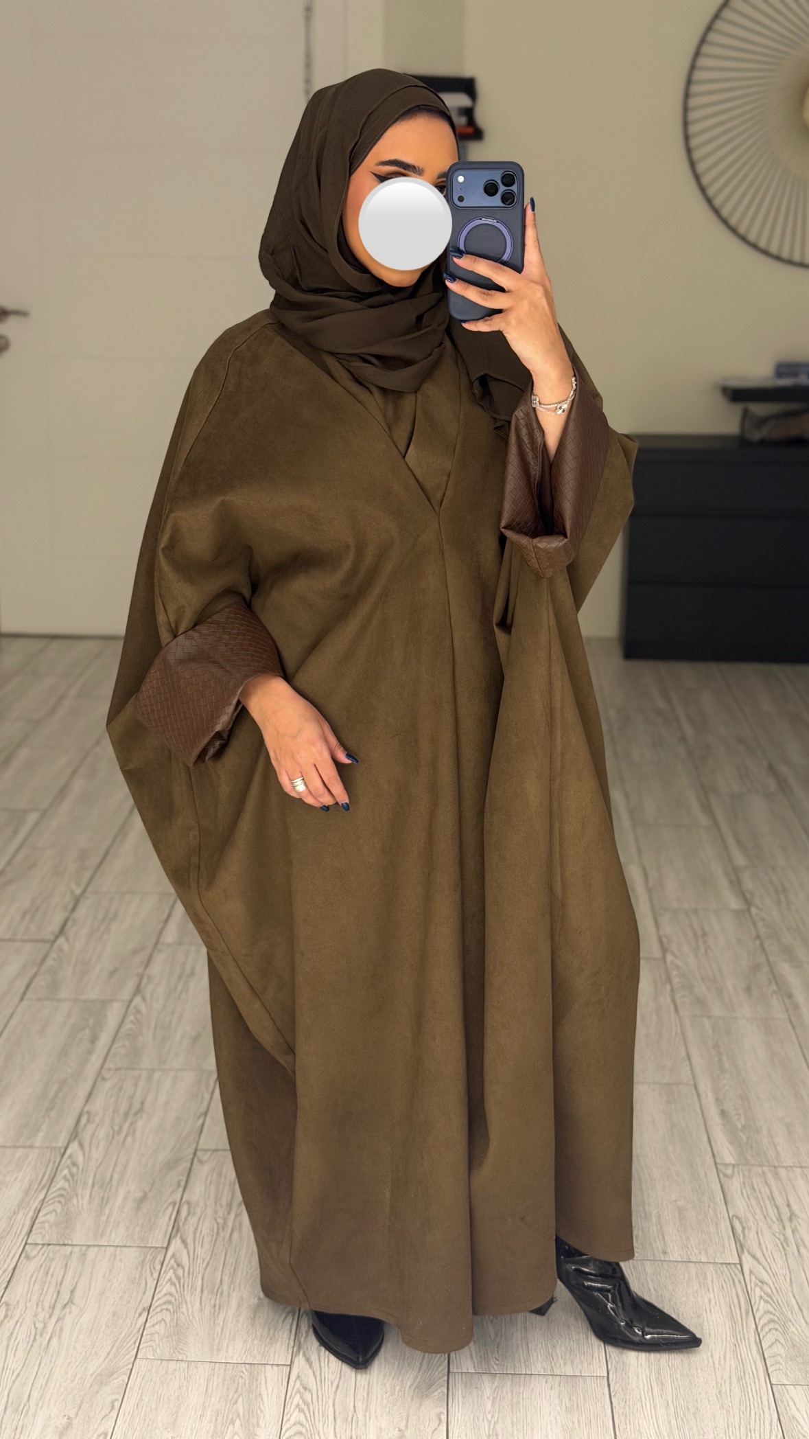 دراعه فري سايز جلد عالايد-زيتي على بني