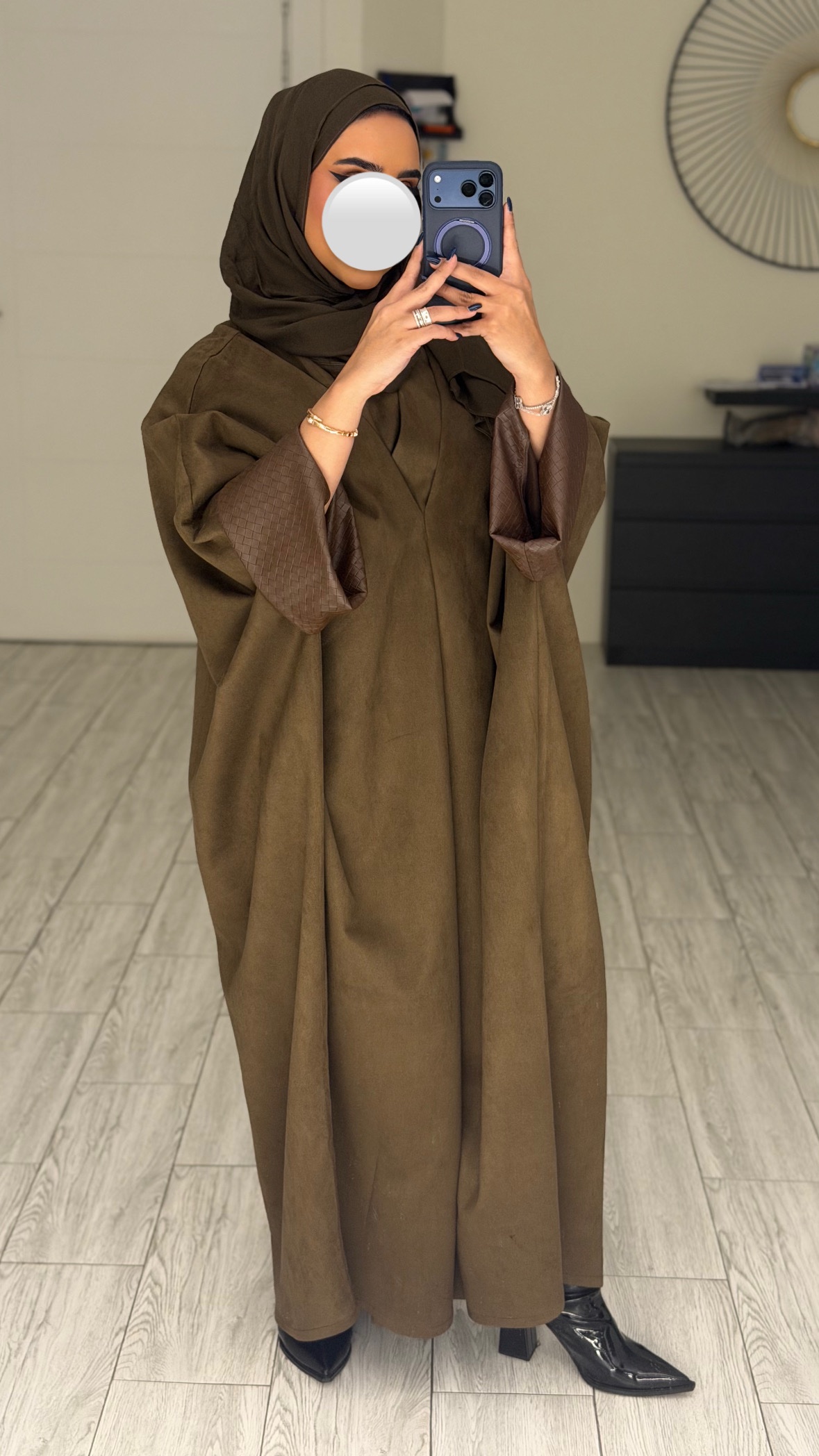 دراعه فري سايز جلد عالايد-زيتي على بني - الصورة 8