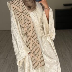 دراعه فري سايز - الشال مشكوك مع هدب كريستال-كريمي