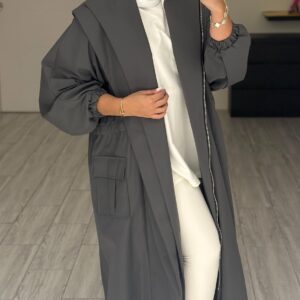 ⁦Hoodie Trench Coat - Grey⁩ - الصورة ⁦4⁩