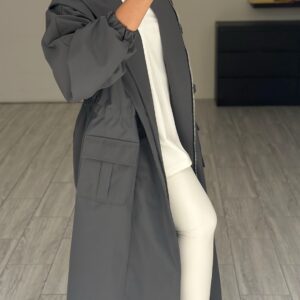 ⁦Hoodie Trench Coat - Grey⁩ - الصورة ⁦5⁩